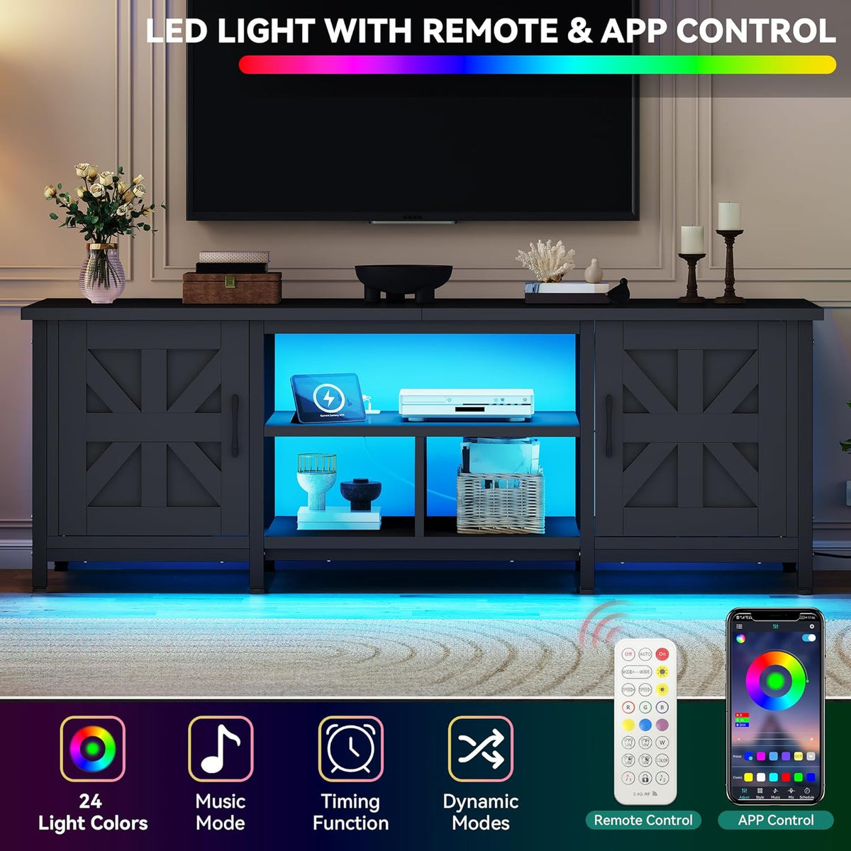 YITAHOME TV Stand with LED Lights & Charging Station, Farmhouse Entertainment Center with Storage Cabinets & Shelves, Cross-Pattern Doors, Fits TVs up to 70'', TV Consoles for Living Room, Black