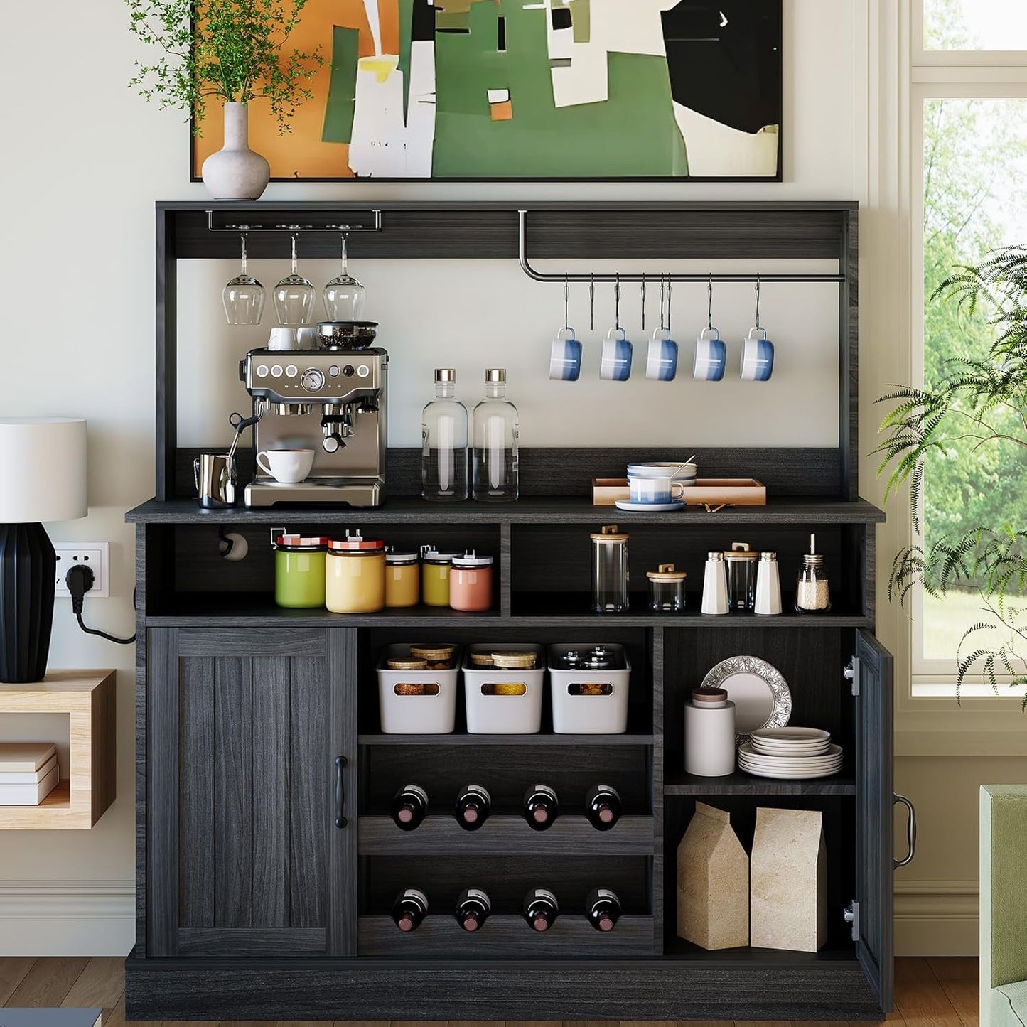 47" Farmhouse Buffet Sideboard Cabinet with Power Outlets Coffee Bar Cabinet with Storage, Large Buffet Storage Cabinet Table with Wine Racks, Goblet Holder, Hooks for Kitchen, Dining Room, Grey