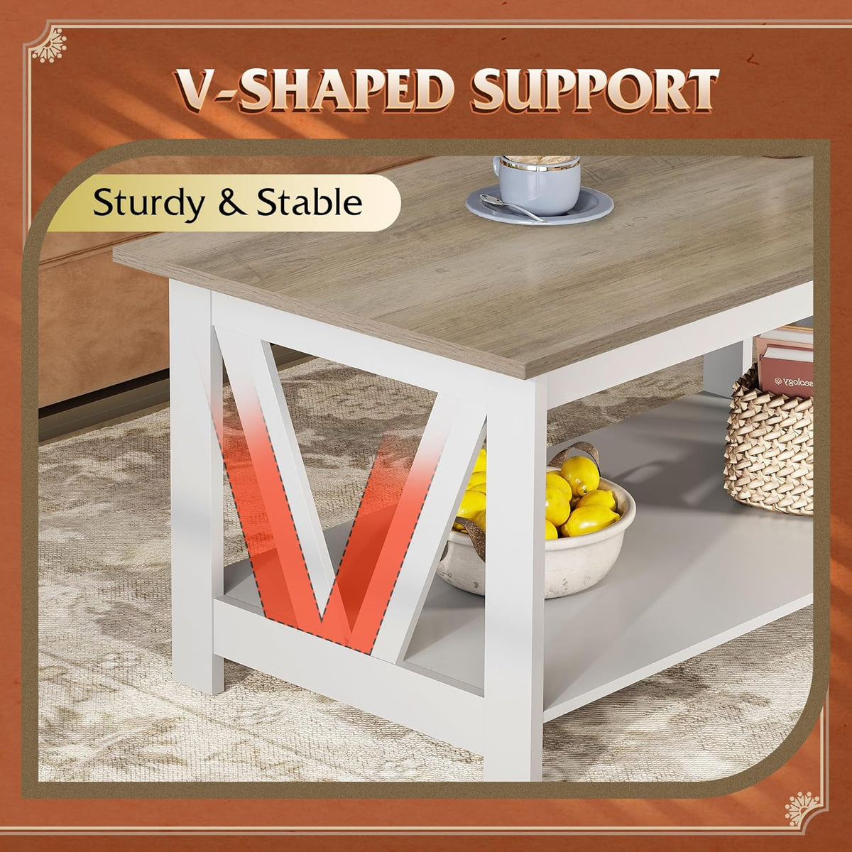 WLIVE Coffee Table with Storage Shelf, 39.4" Farmhouse Coffee Table with V-Frame Support, 2-Tier Wood Rustic Center Table for Living Room, Bedroom & Balcony, Greige & White