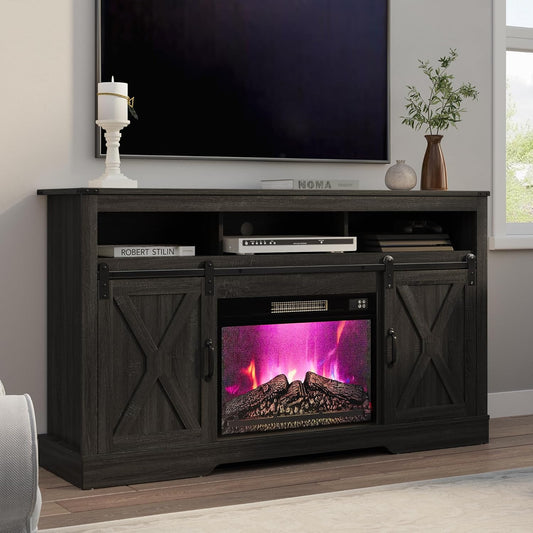 RoyalCraft Farmhouse Fireplace TV Stand for 65+ Inch TV, Entertainment Center with 23" Electric Fireplace with Remote, 34 Tall Modern Rustic TV Console with Sliding Bar Door for Living Room, Dark Grey