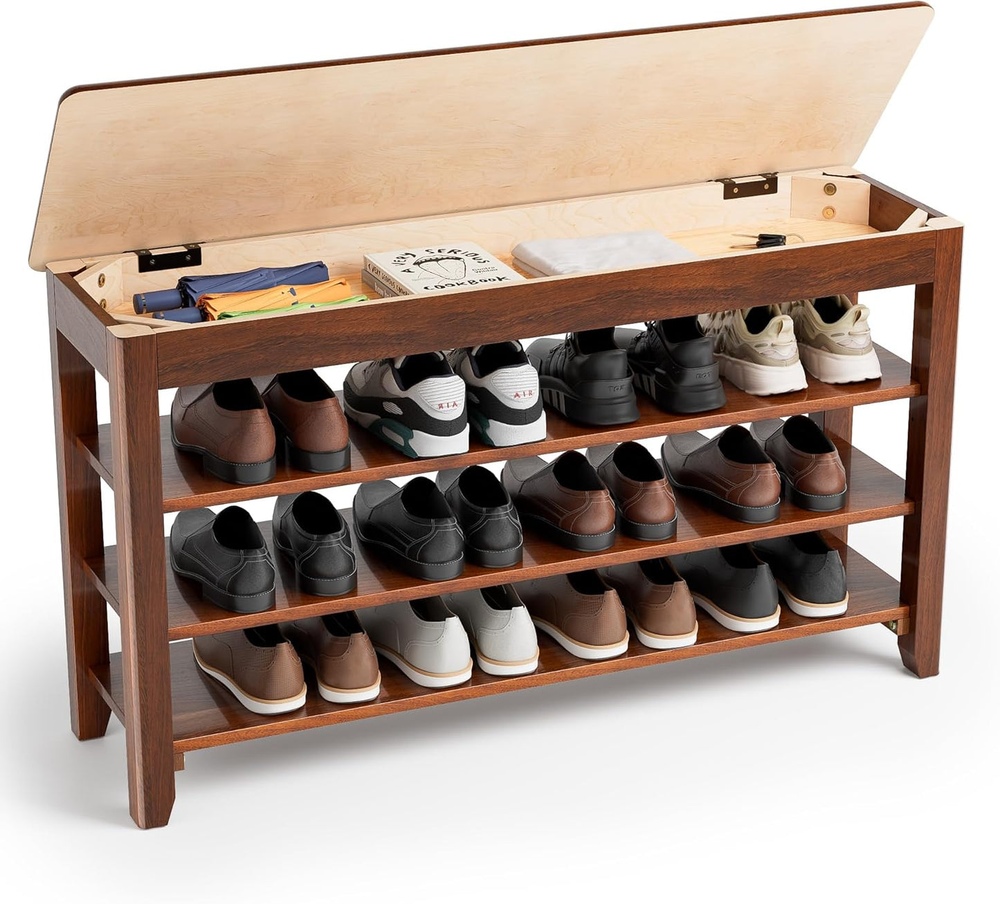 Shoe Storage Bench for Entryway - 4 Tier Shoe Rack for Front Door Entrance, Rubberwood Shoes Rack Height Adjustable, Entryway Bench with Shoes Storage for Any Room (Walnut, 39.4" W)