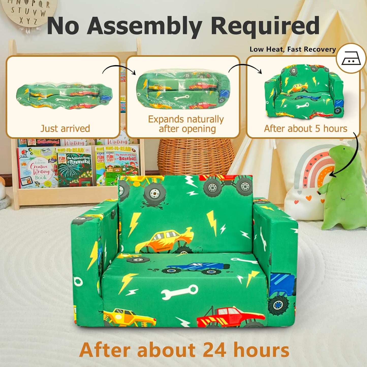 Kids Couch, 2-in-1 Kids Fold Out Sofa, Convertible Toddler Couch to Lounger for Girls and Boys, Soft Toddler Chairs Comfy 1-3 Years Old (Green Monster Truck)