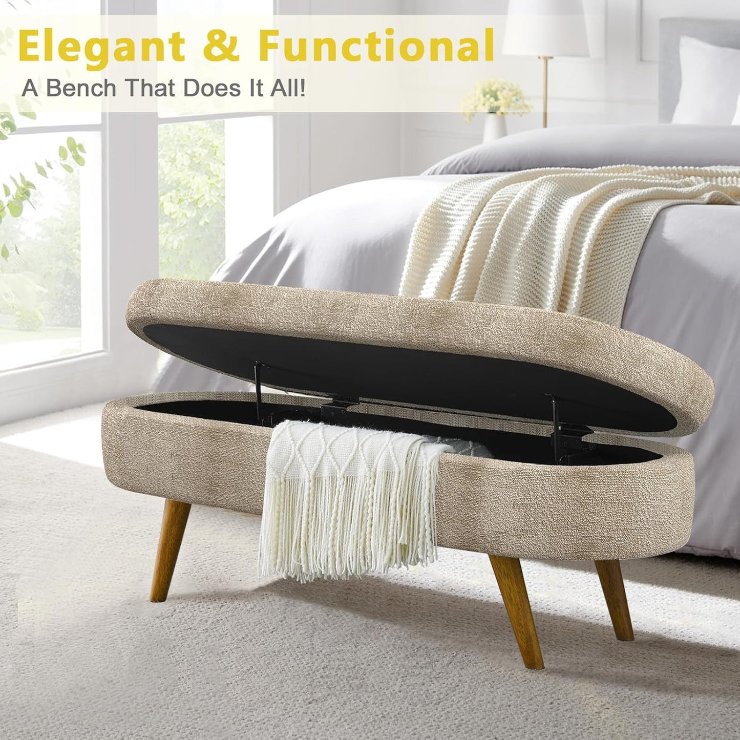 NicBex Ottoman Bench with Storage for Bedroom, 43.5" Upholstered End of Bed Bench with Rubber Wood Legs, Linen Storage Bench for Living Room or Entryway,