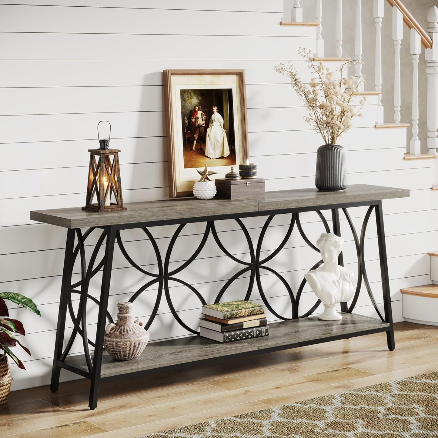 70.9-Inch Sofa Table, 2-Tier Narrow Console Table with Storage for Entryway, Living Room, Hallway, Foryer, Geometric Pattern Design (Grey)