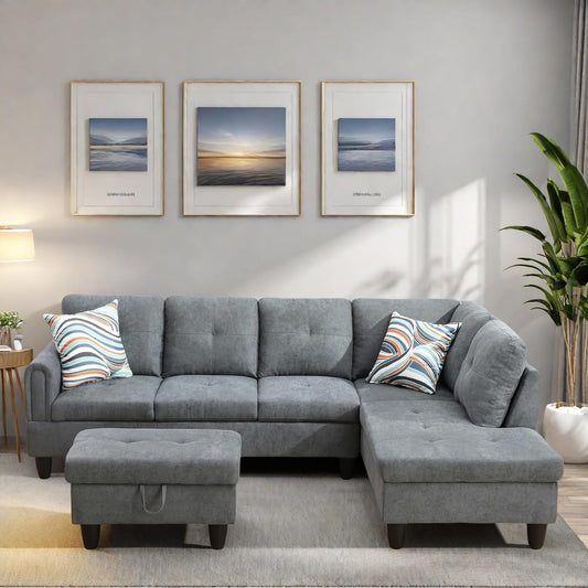 L Shaped Sectional Couches, Modern Modular Sectional Sofa for Living Room Bedroom Furniture, Comfortable 4 Seat Couch with Ottoman Storage & Chaise, Gray