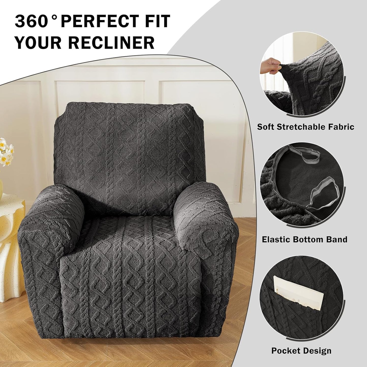 vctops 4 Pieces Geometric Jacquard Plush Recliner Slipcovers Soft Fuzzy Fluffy Sofa Couch Cover Anti-Slip Furniture Protector with Elastic Bottom for Kids Cats Dogs(Dark Grey,1 Seat)