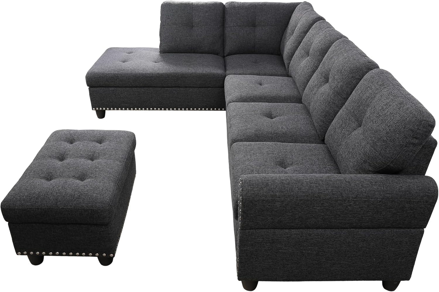 Ball & Cast 98" L Shaped Sectional Couch for Living Room with Chaise & Storage Ottoman,4 Seat Linen Upholstered Modular Sectional Sofa Set 3 PCS W/Cup Holders & Coffee Table,for Home,Office,Charcoal