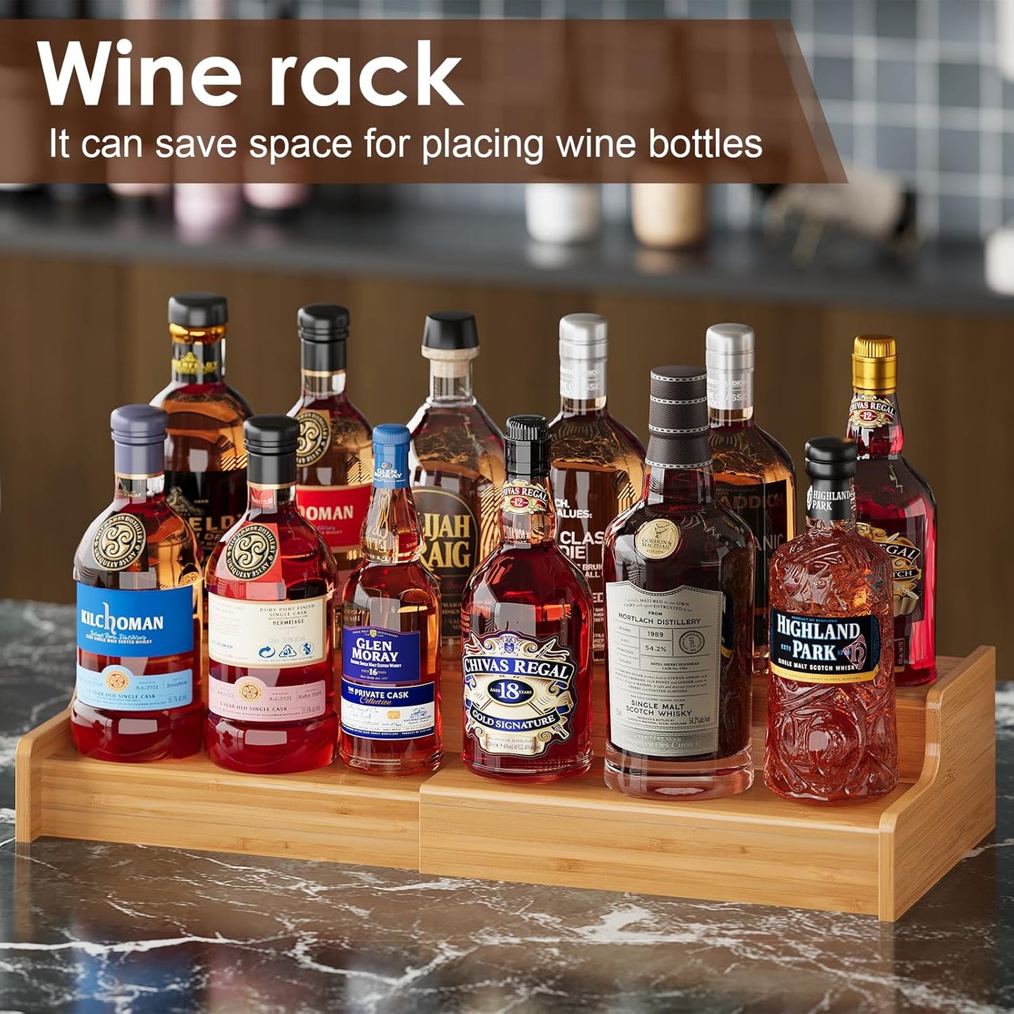 X-cosrack Expandable Liquor Bottle Display Shelf, Tabletop Wine Rack, Countertop Coffee Syrup Organizer Rack, Bamboo Bottle Stand for Liquor Whiskey Display Bar Shelves, Home Bar Display