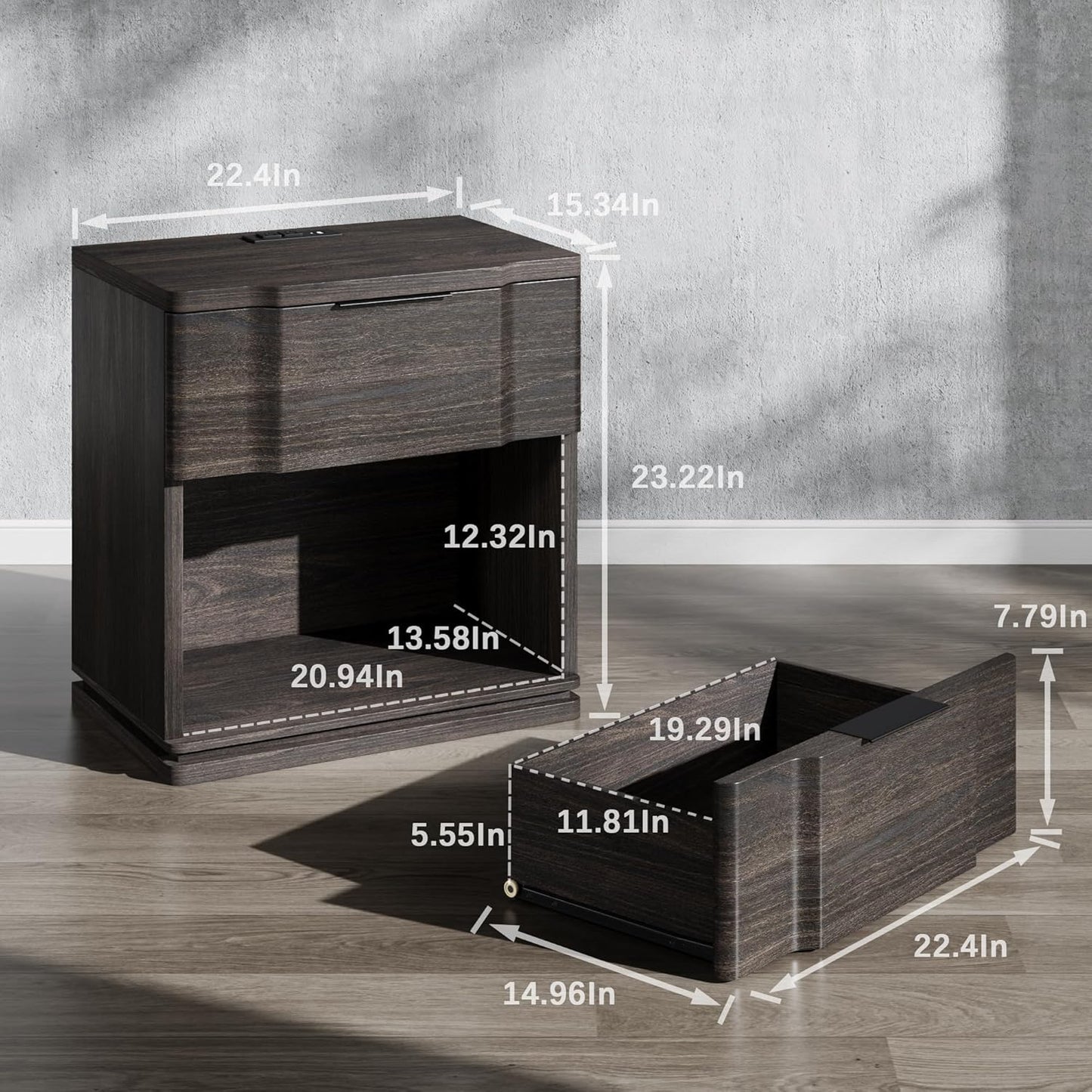 Nightstand with Charging Station, Wooden Curved Night Stand Bedside Table with Storage Shelf & Drawer, Large Mid Century Modern Accent End Table for Bedroom Living Room Office, Black and Gray