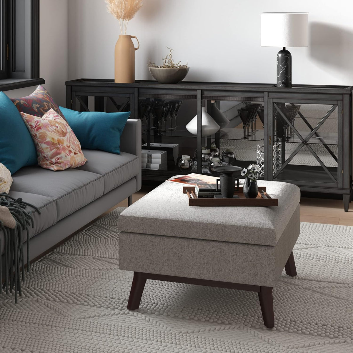 SIMPLIHOME Owen 34 inch Wide Mid Century Modern Rectangle Coffee Table Storage Ottoman in Cloud Grey Polyester Fabric, Assembled, For the Living Room, Entryway and Family Room