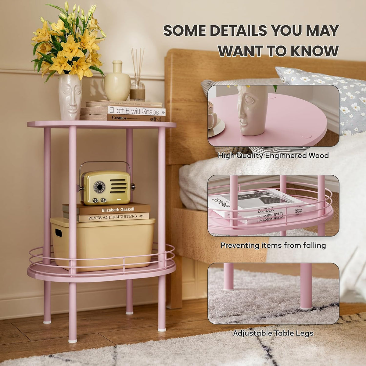 Small Round Side Table Set of 2,Bedside Table with Storage, Morden Round Nightstand, Samll Side Table for Living Room，Bathroom，Bedroom, Nursery, Laundry, Pink