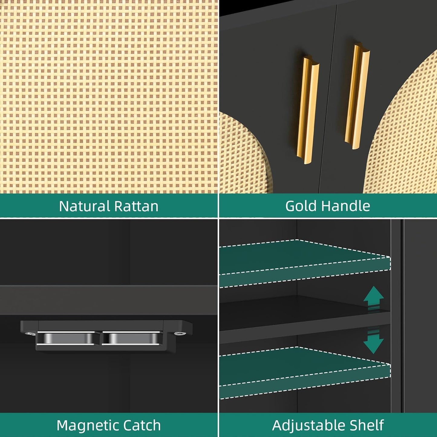 DWVO Buffet Cabinet with Storage, Black Sideboard Cabinet w/Rattan Decorated Doors, Modern Coffee Bar Cabinets w/Adjustable Shelves for Kitchen & Living Room, Set of 2