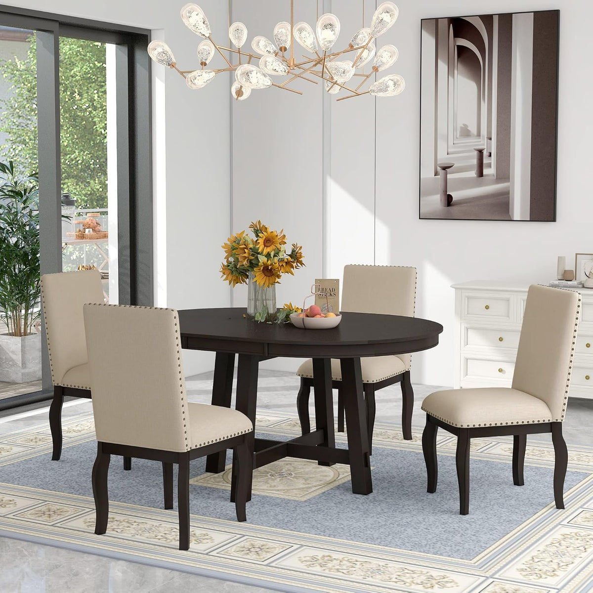 5 Pieces Dining Table Set with 43" Round Extendable Desk,Living Room Furniture W/ 4 Upholstered Curved Legs Chairs,for Restaurant,Home Bistro,Espresso