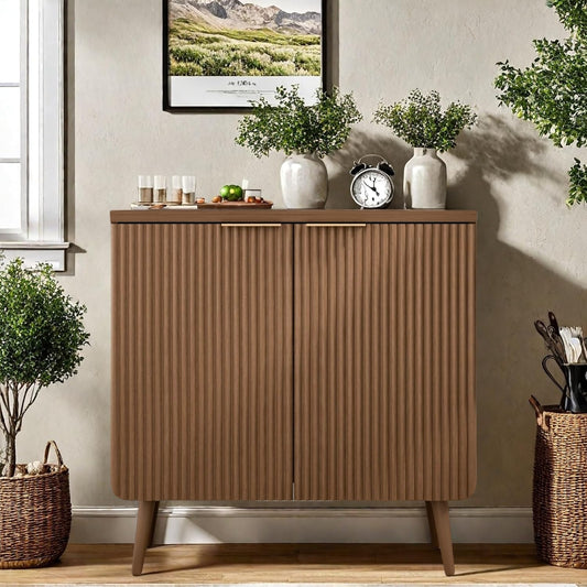 Buffet Cabinet, Sideboard Fluted Cabinet Modern Kitchen Buffet Storage Cabinets with Doors and Shelves, Wood Farmhouse Coffee Bar Station for Entryway & Dining Room & Living Room, Walnut