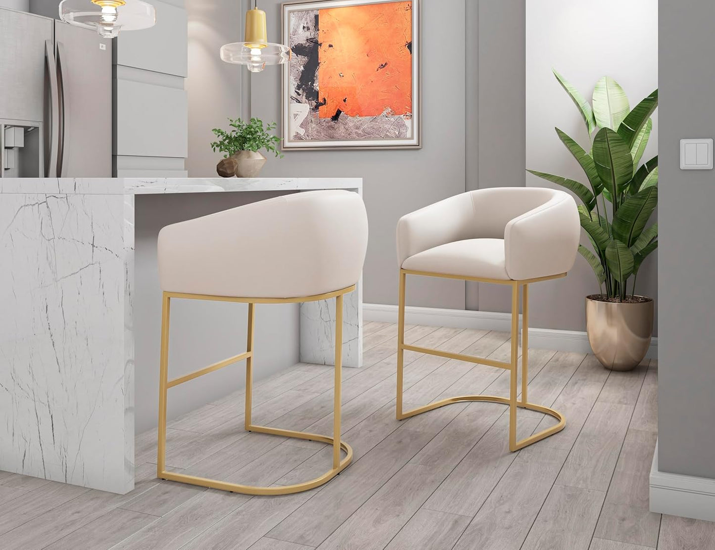 Manhattan Comfort Louvre 26 Inch Mid Century Modern Counter Height Bar Stools - Elegant Faux Leather Padded Seat, Stainless Steel Base with Footrest, Fully Assembled Barstools, Set of 3, Cream