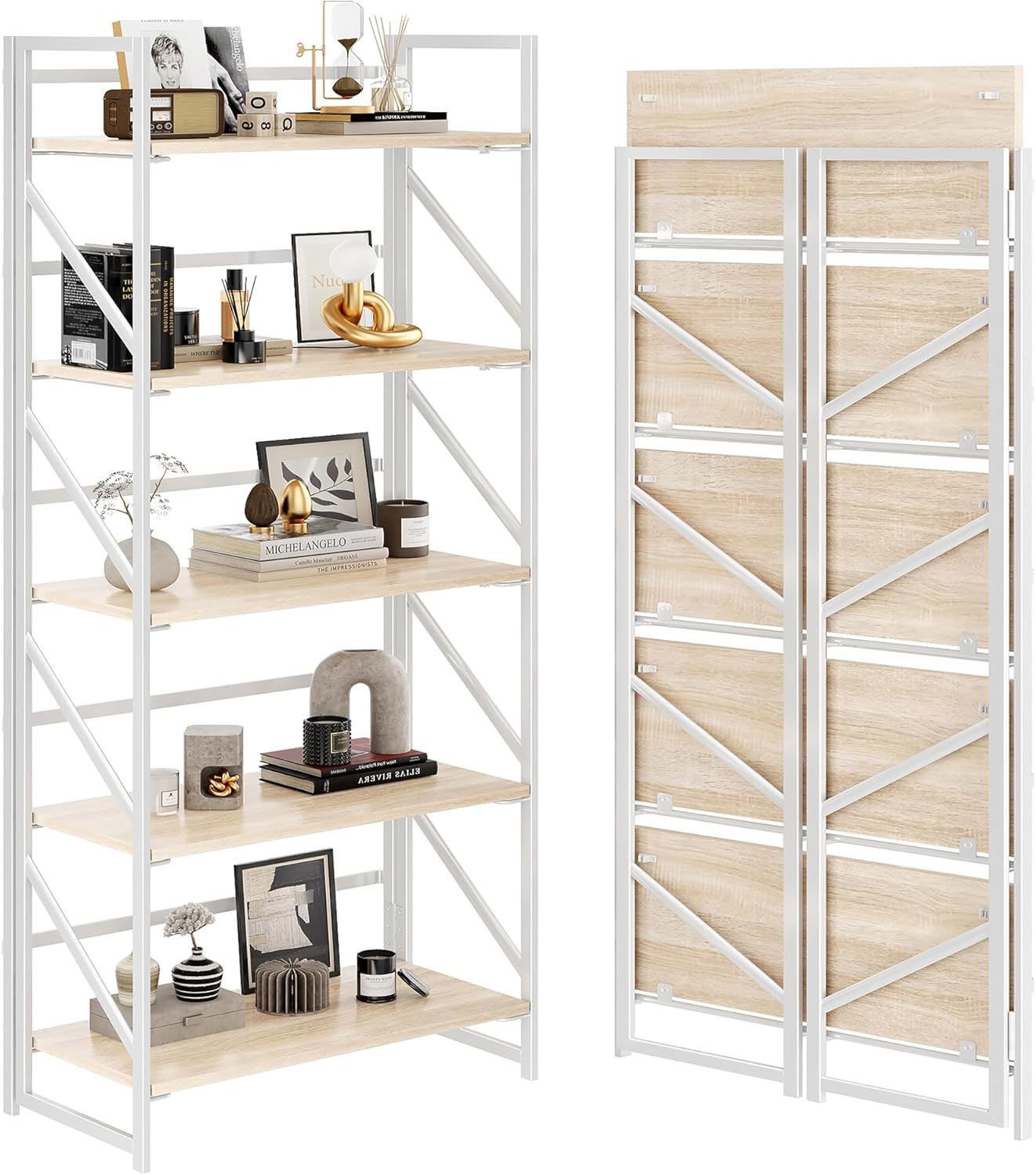 JSB No Assembly Folding Bookshelf, 5 Tier Industrial Metal Book Shelf for Storage, Vintage Wood Foldable Bookcase for Living Room, Bedroom, Office Organization Shelves