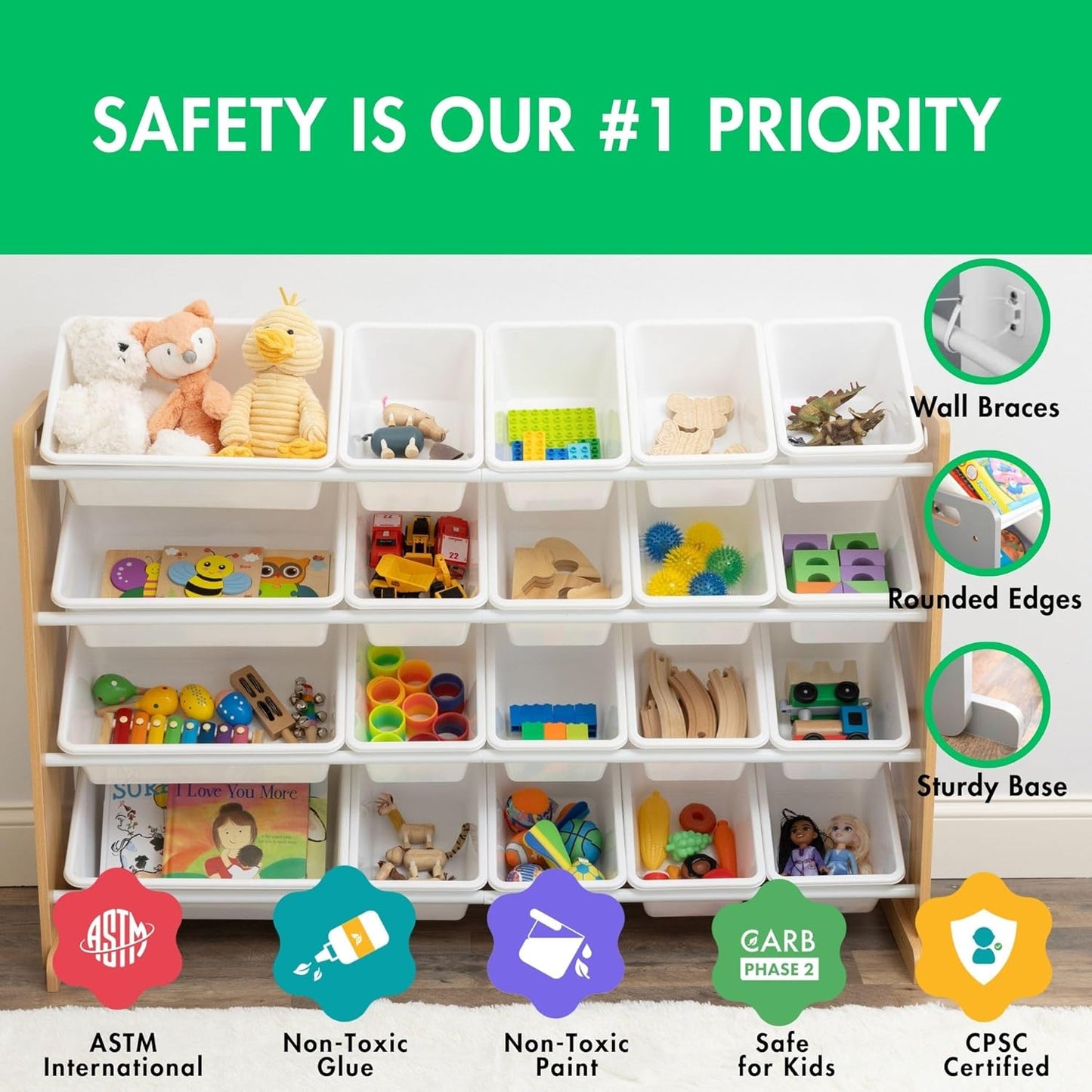 Humble Crew Extra-Large Toy Organizer with 20 Plastic Bins – Natural/White Storage Rack with 4-Tier Shelves, Anti-Tip Safety, for Kids’ Rooms, Playrooms, Nurseries & Classrooms