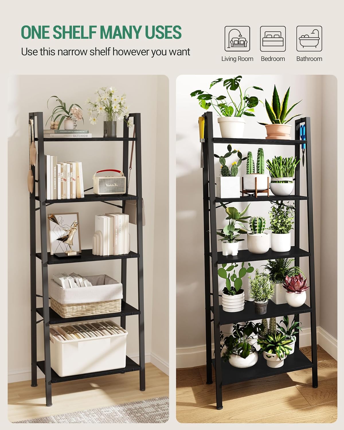 Ladder Shelf, Bookshelf Bookcase, Freestanding Corner Storage Shelve with 2 Hooks for Home Office, Living Room, Kitchen, Bedroom, Industrial, 5-Tier Black BC19304B