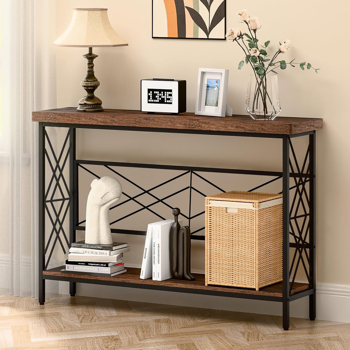 Industrial Console Table for Entryway, Rustic Console Table Behind Couch, 2 Tier Sofa Tables for Home Living Room, Hallway, Entrance, with Metal Frame(48 inches)