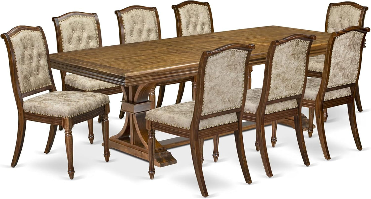 NEMA9-AWA-36 9-Piece Modern Dining Set Includes a Rectangular Modern Dining Table and 8 Light Beige Polyester Fabric Kitchen Chairs, 44x100 Inch, Antique Walnut