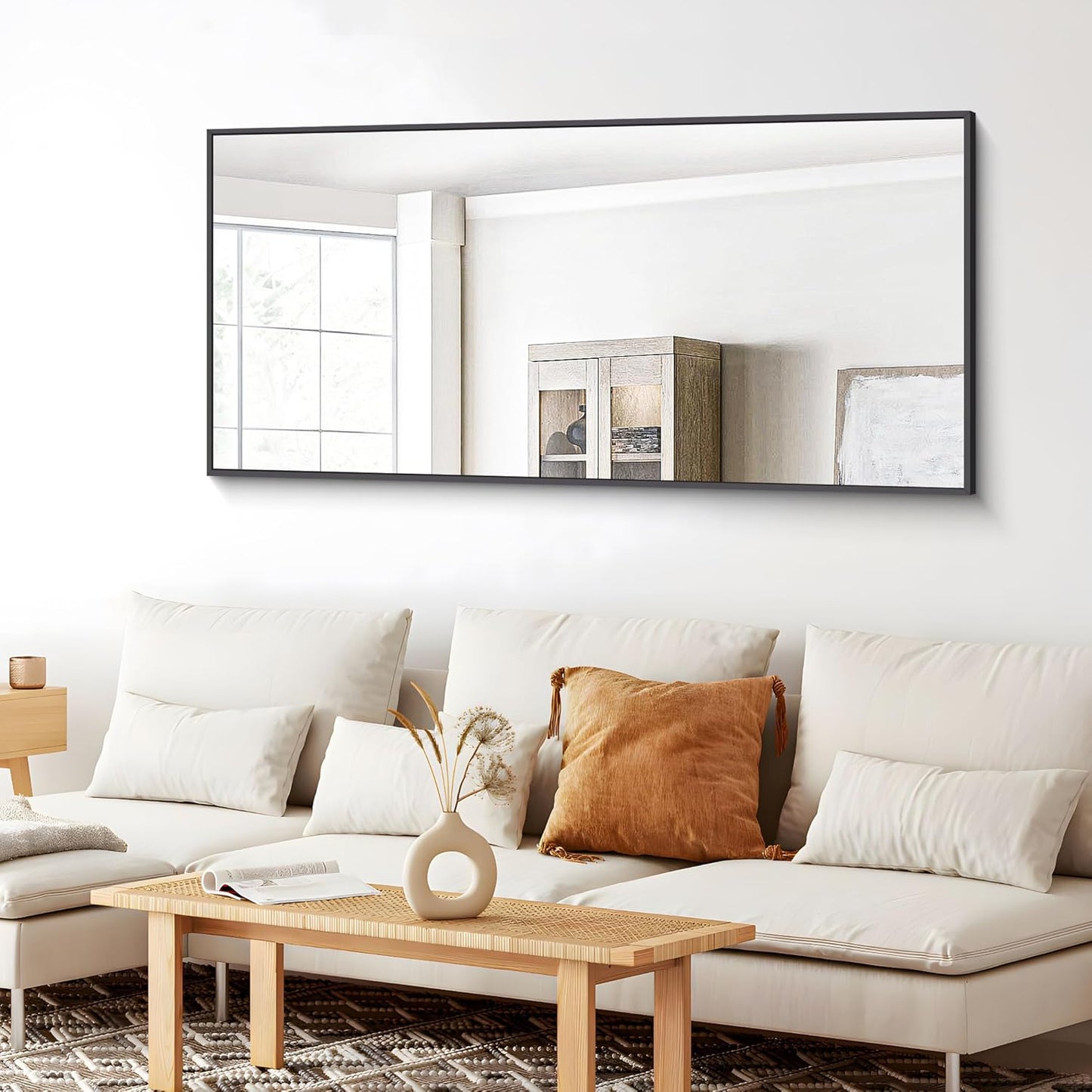 BONEWEI Bathroom Mirror,24x48 inch Wall Mirror for Bathroom Wall Mounted Black Rectangle Square Corner Mirrors, Black Bathroom Mirror for Living Room, Farmhouse, Bedroom Entryway, Horizontal/Vertical