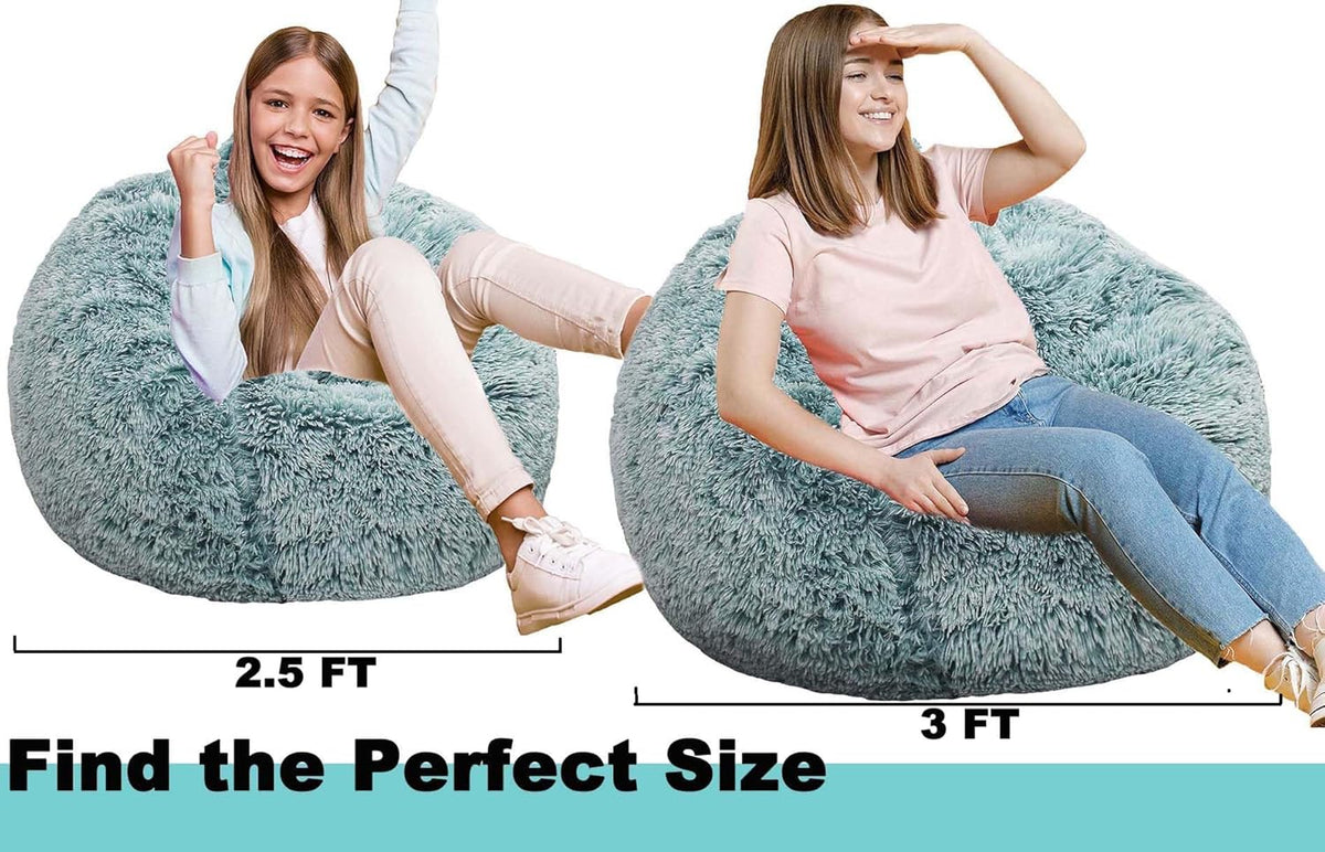 Fluffy Bean Bag Chair, 3FT Round Memory Foam Filled Bean Bag for Teens & Kids, Ultra Soft Faux Fur Fabric Bean Bag Chairs for Playroom, Living Room, Bedroom, Dark Green