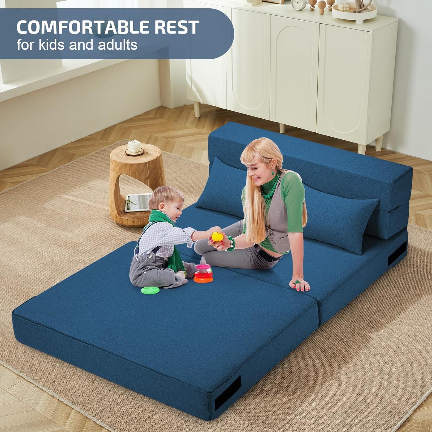 Folding Sofa Bed with Pillows- Convertible Chair Floor Couch & Sleeping Mattress, Foldable Memory Foam Sleeper for Living Room/Dorm/Guest Room/Home Office/Apartment/Loft, Twin, Navy Blue