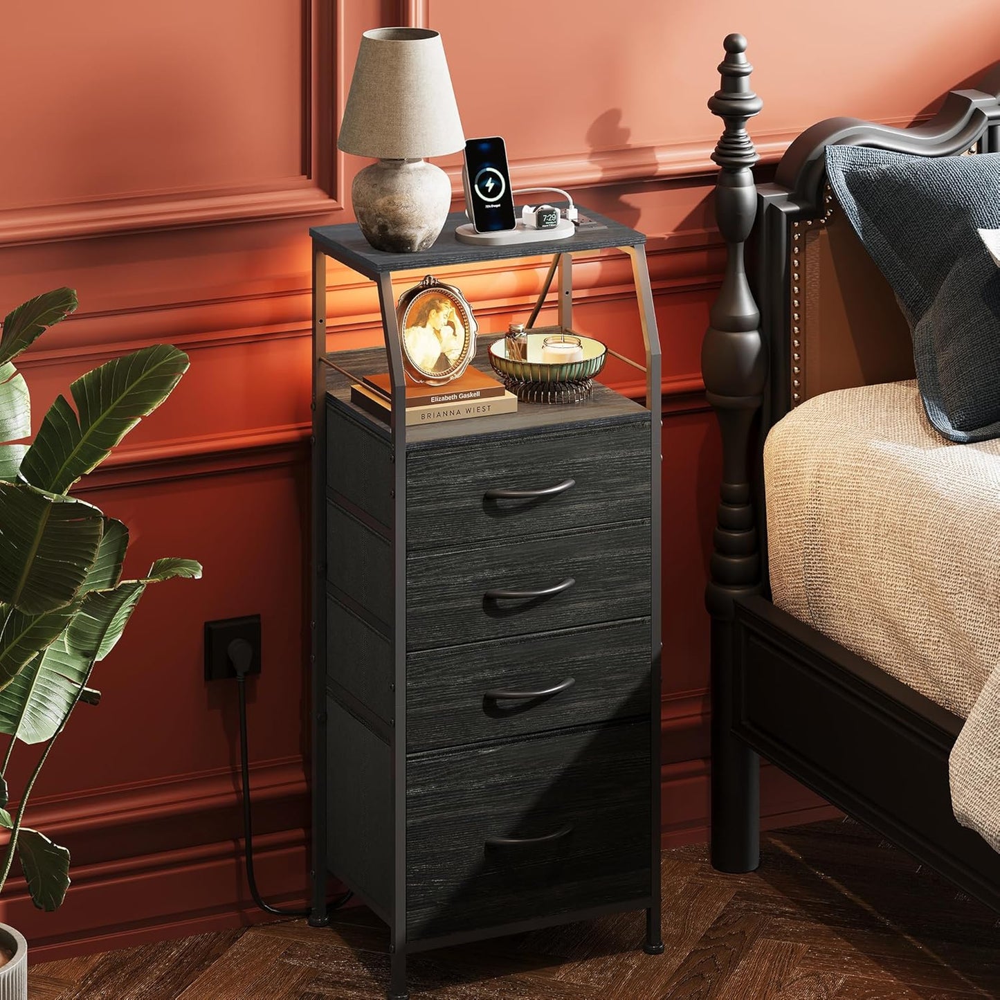 WLIVE Nightstand with Charging Station, Black Night Stand with LED Light, Tall 4 Drawer Dresser for Bedroom, 37" H Bedside Table with Fabric Storage Bins, Open Wood Shelf, Metal Frame