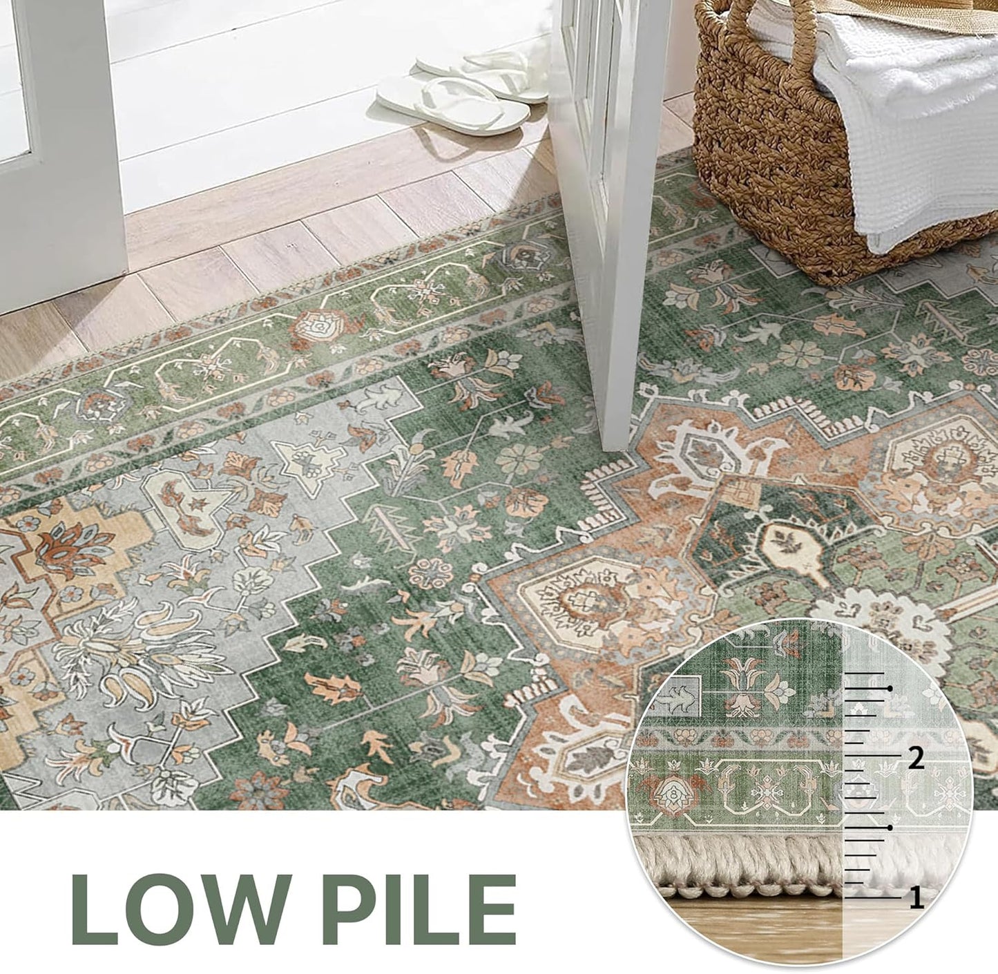 GENIMO 7x10 Area Rugs for Living Room, Machine Washable Non Slip Vintage Rugs, Low Pile Lightweight Chenille Print Rug for Bedroom, Dining Room, Home Office,Sage Green