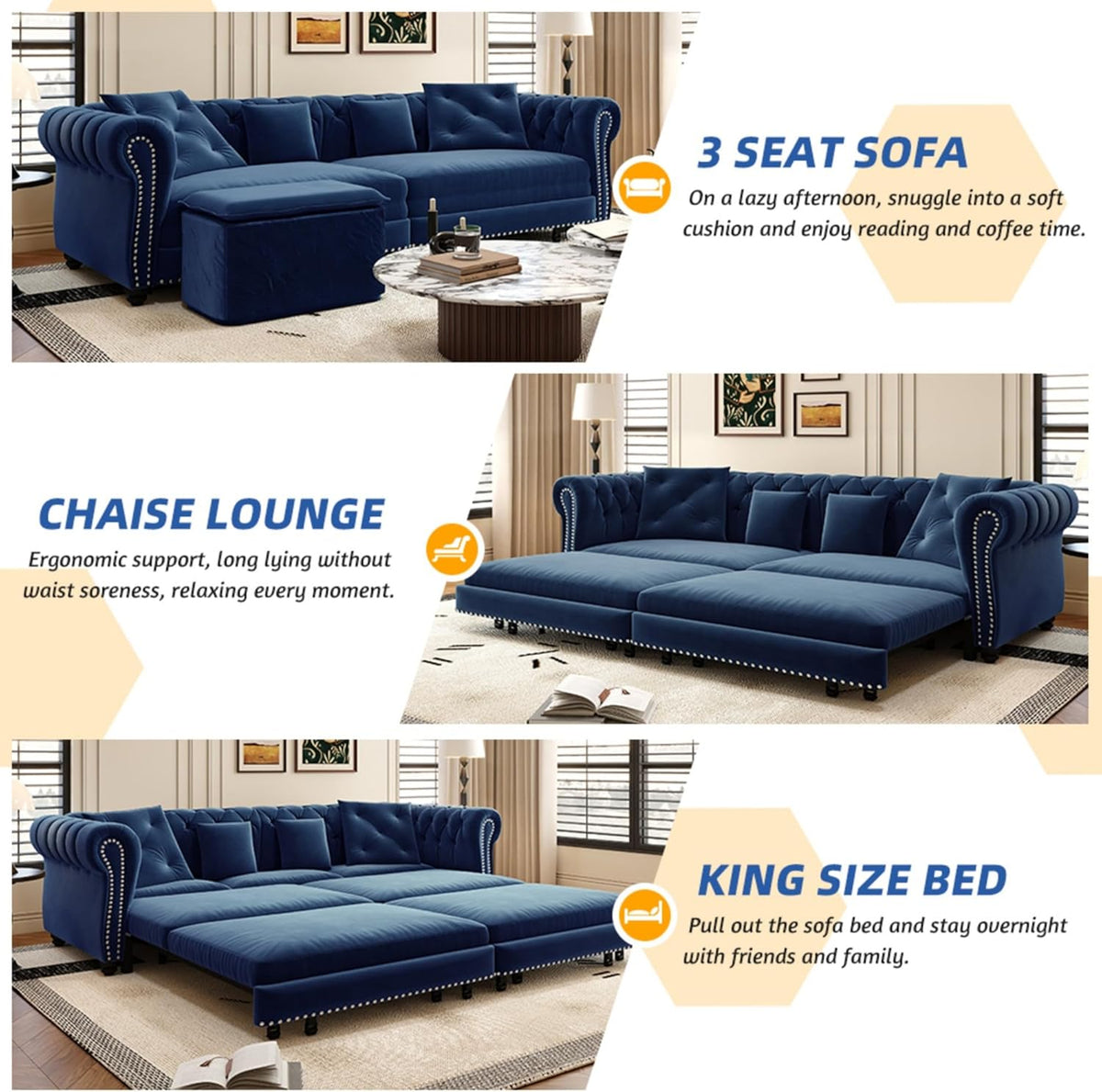 KEIKI King Size Convertible Chesterfield Sofa Bed, 89" Velvet Couch with Ottoman, Tufted Design, 3-in-1 Sleeper Sofa for Living Room, Bedroom, or Office, Blue