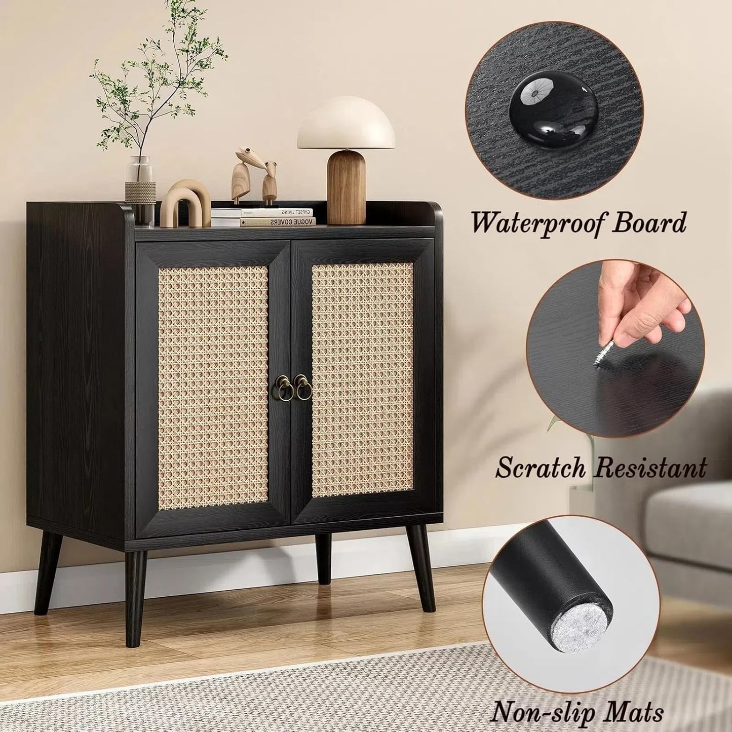 Buffet Cabinet, Rattan Storage Cabinet with Round Pull Rings, Sideboard with Ample Storage, Bar Liquor Shelf with 2 Doors for Living Room, Hallway, Black