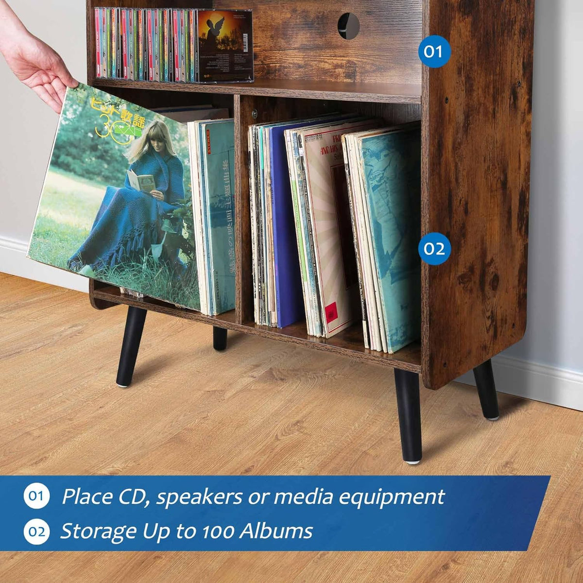 3-Tier Vintage Record Player Stand, Mid-Century Vinyl Record Storage Cabinet Table Holds up to 100 Albums, Large Wood Turntable Stand for Living Room, Office, Rustic Brown