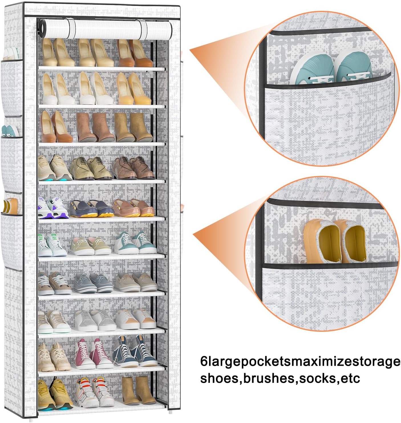 Shoes Rack 10 Tier Tall Shoe Rack with Storage Pockets, Fabric Covered Shoe Racks,Metal Shoes Rack Organizer for Closets,Bedroom, Garage