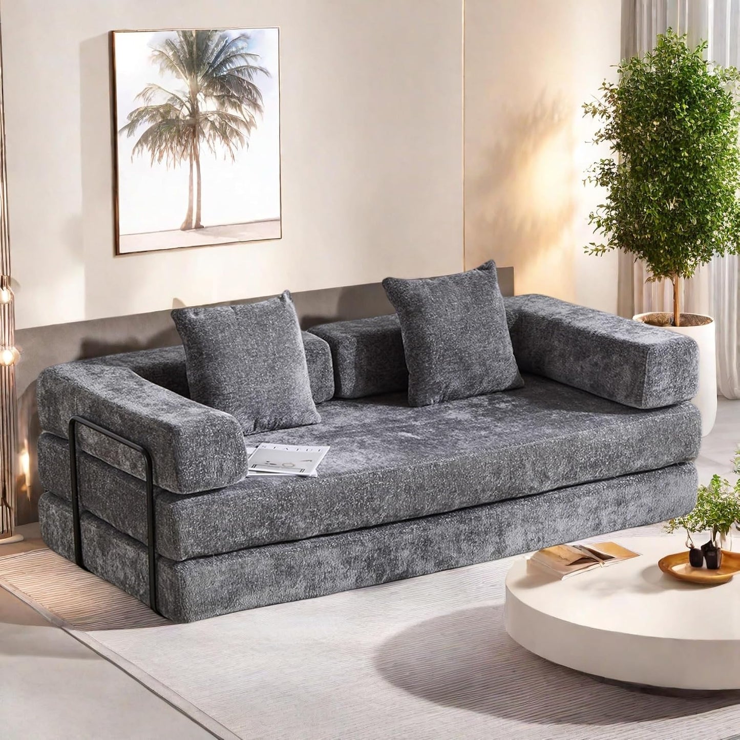 Convertible Sofa Bed, Compression Futon Sofa with Pillows & Armrest, Foldable Mattress Couch with Fixed-Shape Frame, Comfy Couch Lounge Sleeper Bed for Living Room Bedroom, Dark Gray