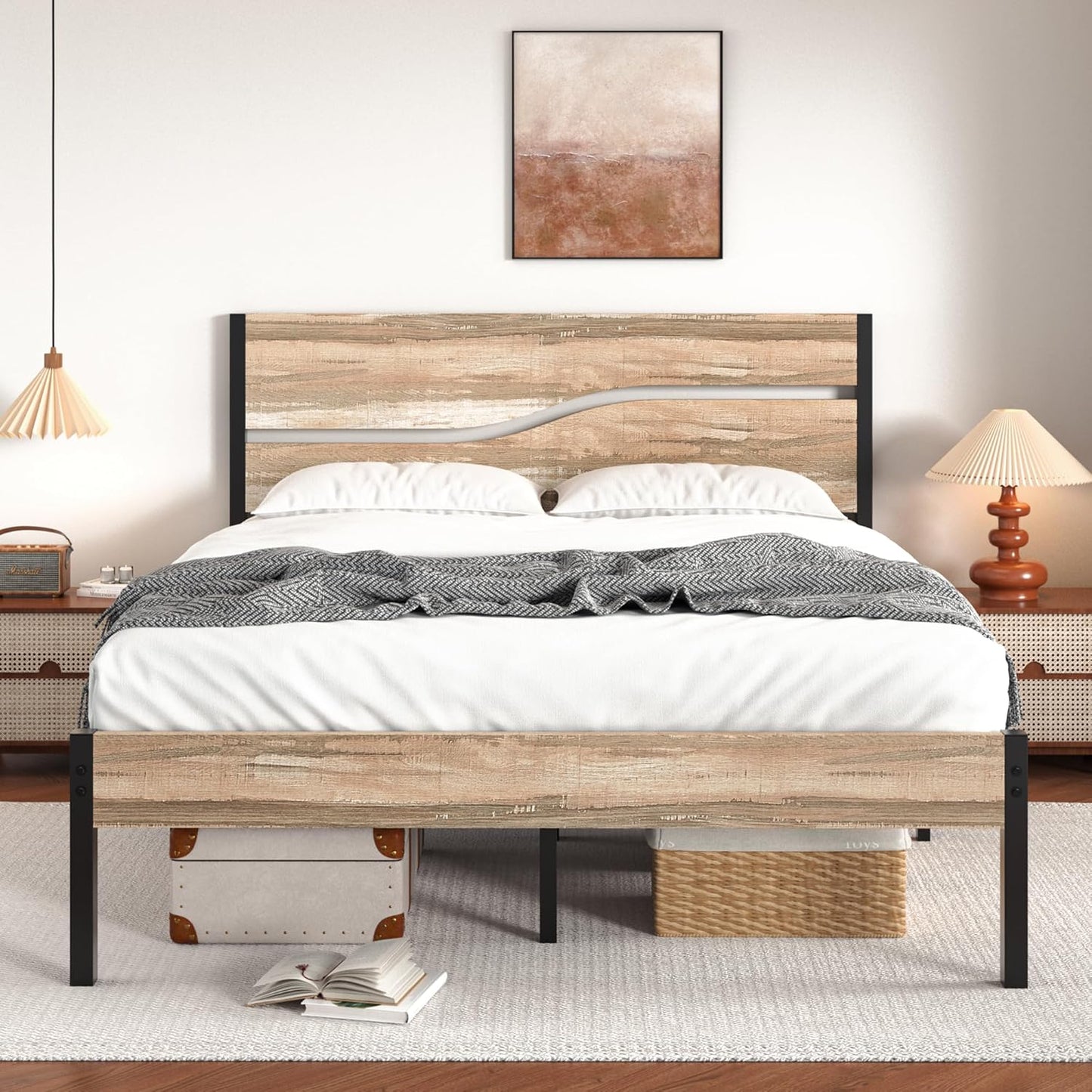 VECELO Queen Size Bed Frame with Wood Headboard and Footboard, 14 Inch Platform/No Box Spring Needed, Heavy Duty Support, Easy Assembly