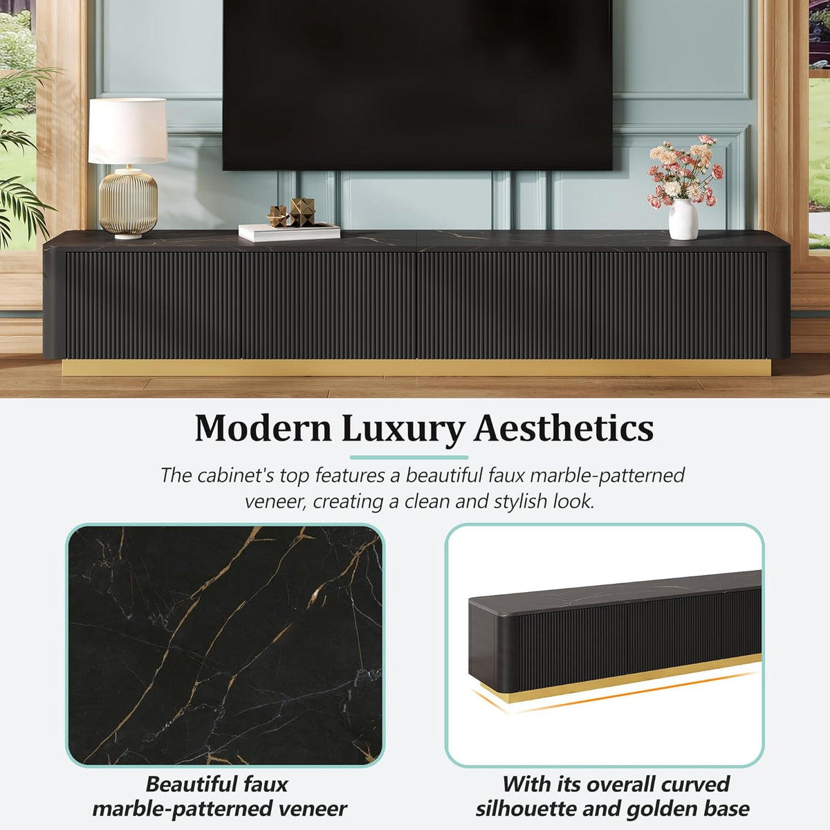 Merax Modern Wood TV Stand for TVs Up to 85'', Faux Marble Tabletop Entertainment Center with Storage Drawers, Practical Media Console for Living Room, Bedroom, Black