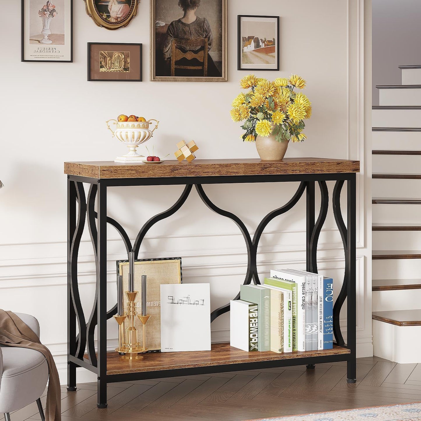 IBF 39.4" Narrow Console Table, Farmhouse Entryway Table in Living Room Hallway Foyer Entrance, Industrial Wood Metal Sofa Table Entry way Behind Couch Tables with 2-Tier Storage Shelves, Rustic Brown