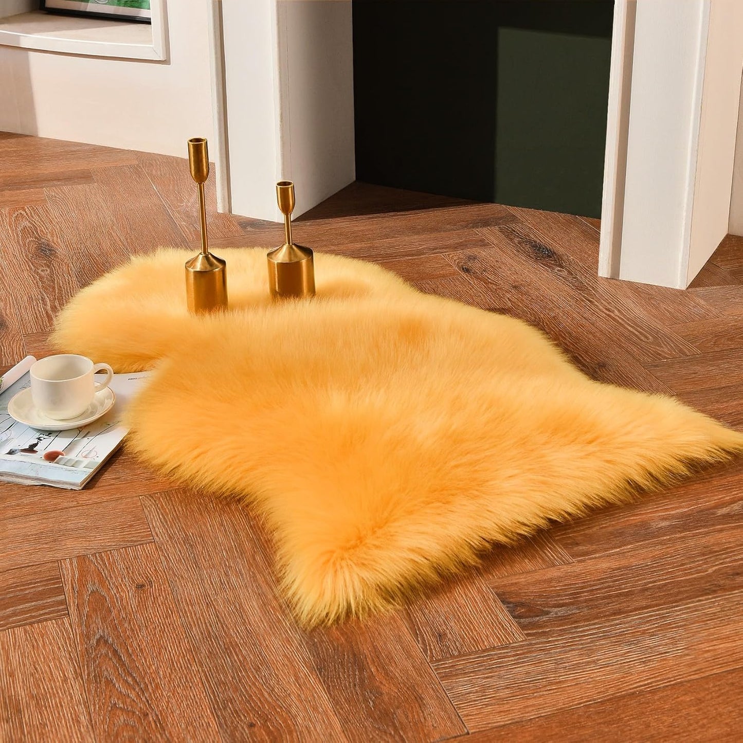 duduta Yellow Faux Sheepskin Throw Rug 2x3 ft, Fluffy Shag Fur Chair Cover Small Bedside Dorm Rug Non Slip Machine Washable