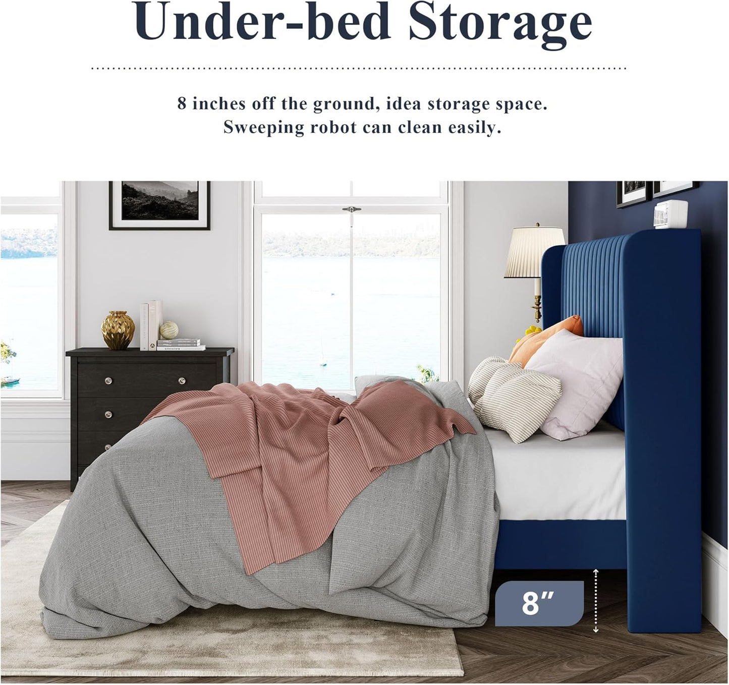 Allewie Full Size Velvet Bed Frame/Vertical Channel Tufted Wingback Headboard/Upholstered Platform Bed/Strong Wooden Slats/No Box Spring Needed/Easy Assembly/Blue