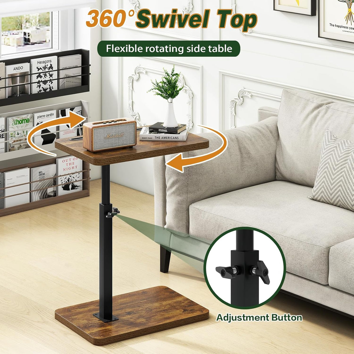 IBUYKE C Shaped Side Table, 360° Swivel Height Adjustable End Table for Small Spaces, with Phone & Tablet Slot, Modern Small Coffee Snack Table for Sofa/Bed, Retro Brown UTVT003H