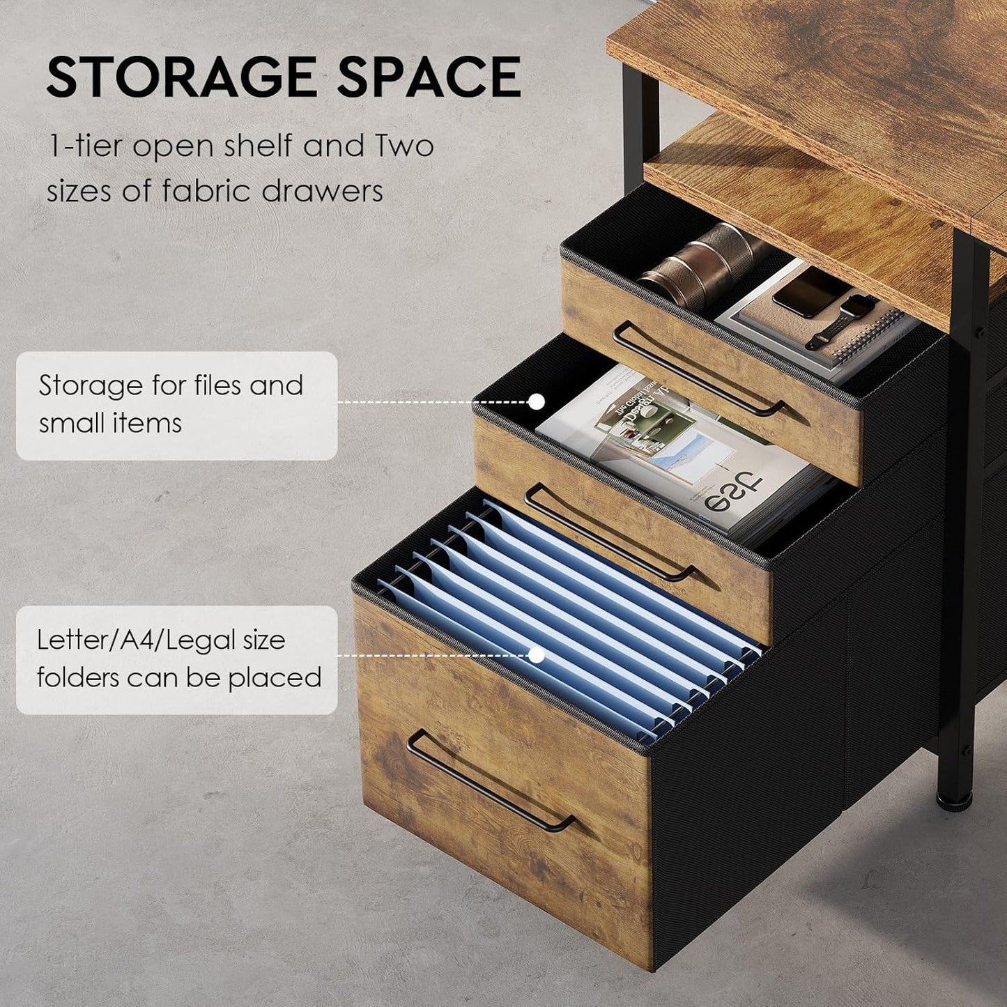 Ｍａｉｈａｉｌ 59" Computer Desk with 3 Fabric Drawers and Wooden Shelves for Home Office, Study, Bedroom, Work-from-Home Games & Desk, Rustic Brown