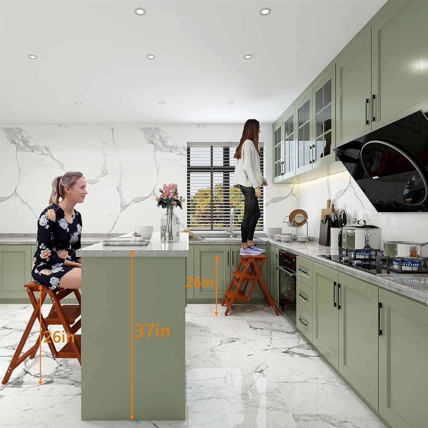 KINGBO Step Stool for Adults/Step Ladder/Counter Chair, 3-Step Folding Portable Wooden Step Stool, Anti-Slip & Lightweight (Nut - Brown)