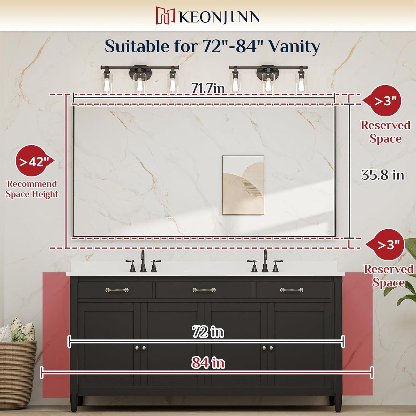 Keonjinn White Bathroom Mirrors for Over Sink 72 x 36 Inch Large Bathroom Vanity Mirror for Wall Metal Frame Modern Rectangle Mirror Square Corner Matte White Rectangular Mirror(Horizontal/Vertical)