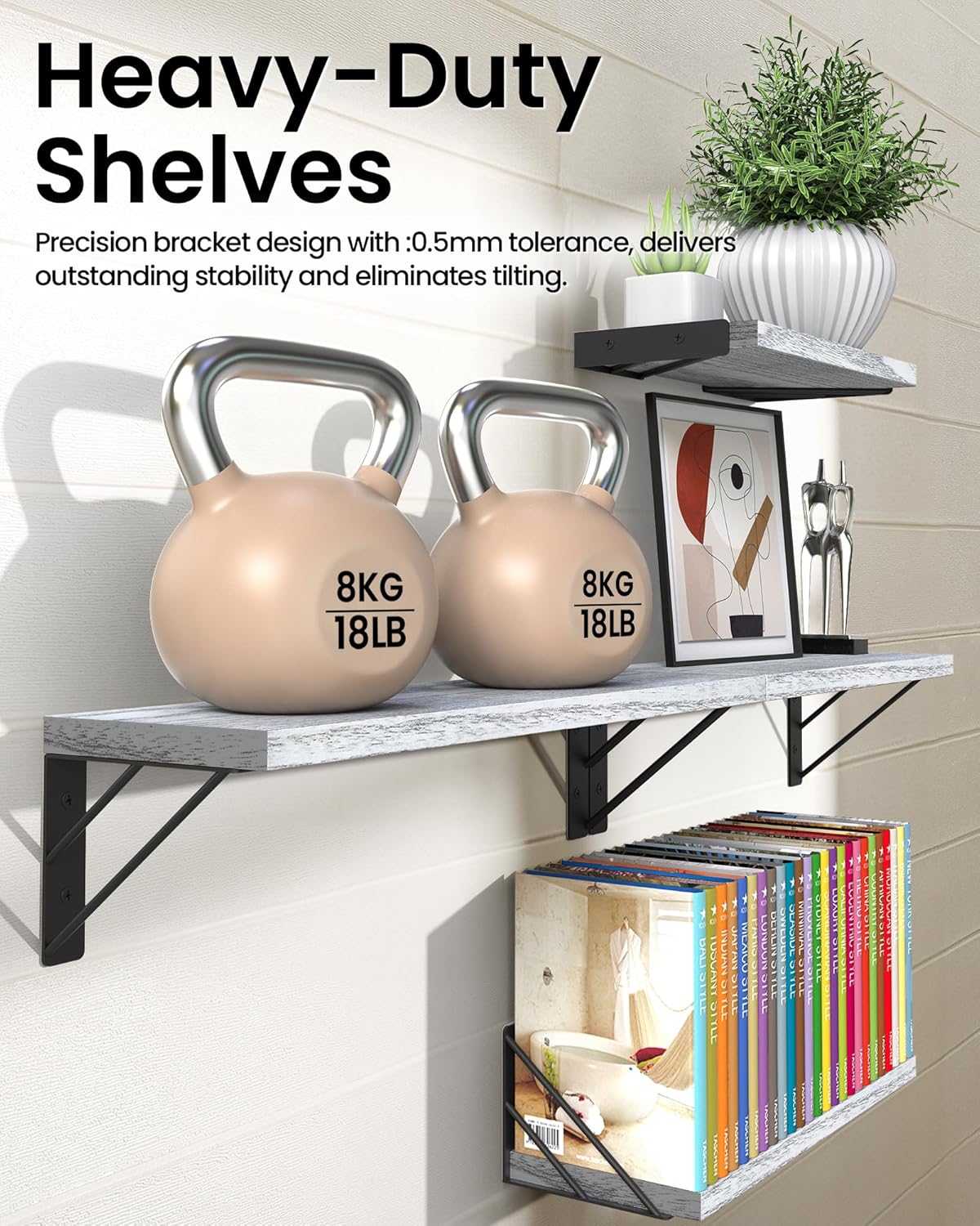 BAYKA Wall Shelves for Bedroom Decor, Floating Wall Shelves for Living Room Kitchen Storage, Wall Mounted Rustic Wood Floating Shelves for Kids Books, Corner Shelf for Bathroom(Gray White，Set of 4)