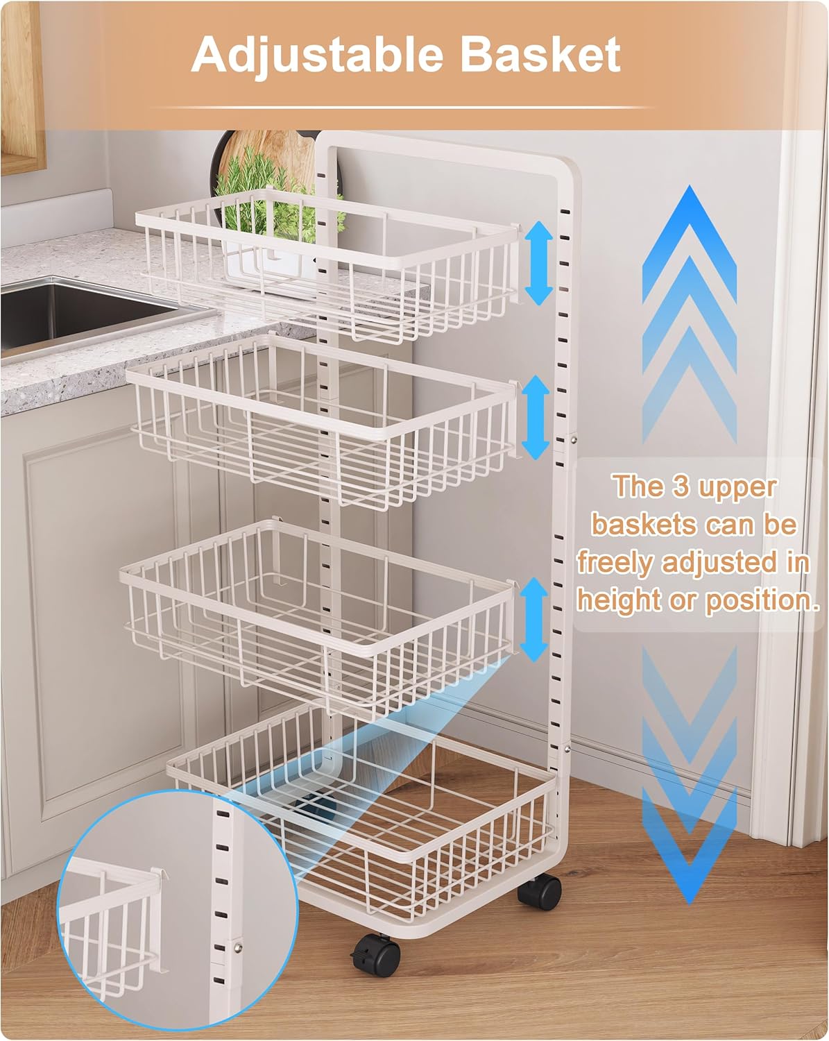 UMDONX 4-Tier Kitchen Storage Cart Metal Snack Cart Adjustable Fruit Basket on Wheels Stand Baskets for Potato Onion Produce White
