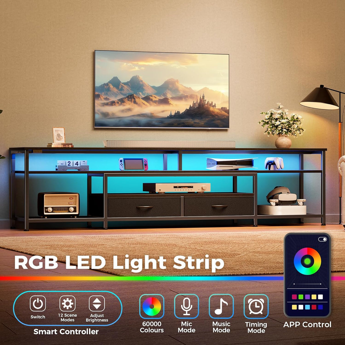 Huuger 79 Inch TV Stand for 85, 90 Inch TV, Entertainment Center with LED Lights and Power Outlets, TV Console with Drawers, Shelves, Type C, PU Leather Surface, for Living Room, Black