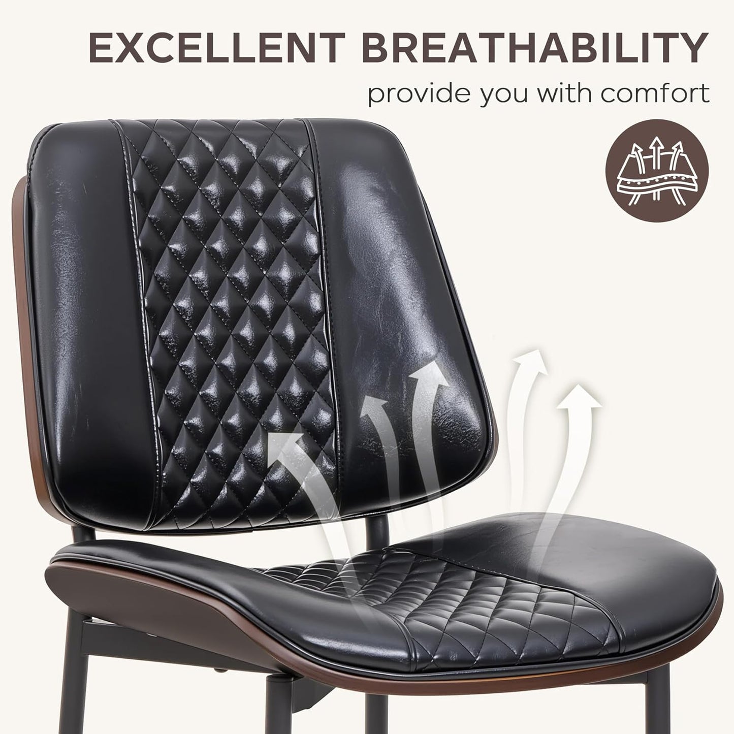 Dining Chairs Set of 6, Upholstered PU Leather Armless Chair, Mid Century Modern Dining Room Chairs, Retro Walnut Bentwood Kitchen Chair with Metal Legs and Adjustable Feet, Black