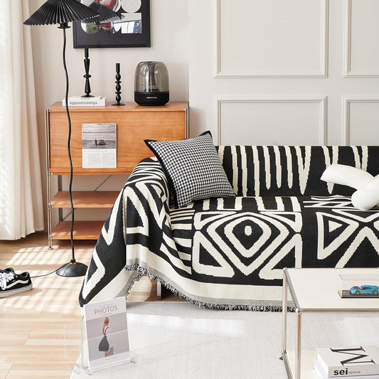 HANDONTIME Boho Sofa Covers for Dogs Black Couch Sofa Covers for 3 Cushion Couch Sofa Beige Chenille Sofa Slipcover Washable Sectional l Shaped Covers Pets Protector Furniture Covers, 91" X134"