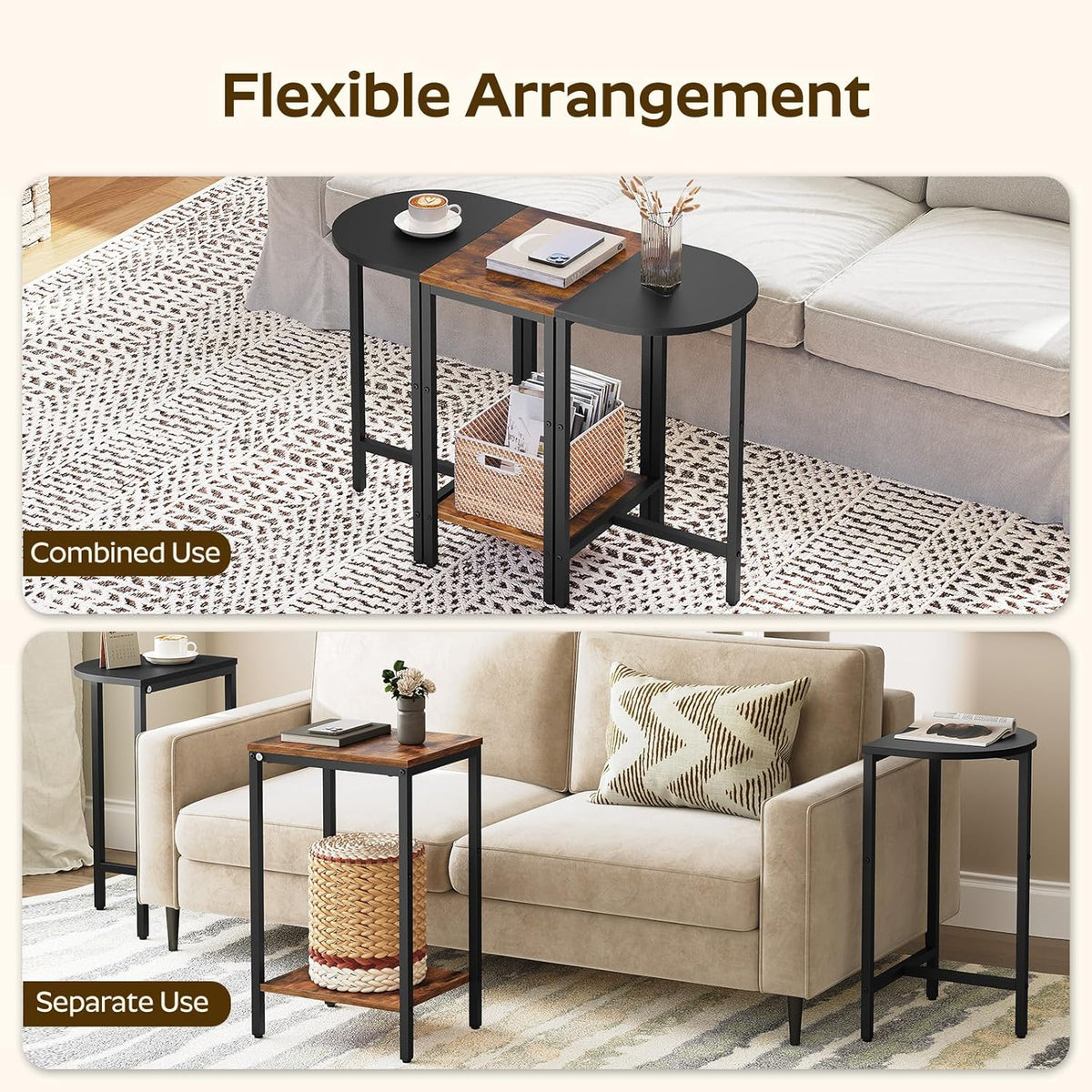 Small Side End Table, Nesting Side Table for Living Room, 2-Tier Nesting Side Table for Small Space, Wooden Sofe Tables Set of 3, Half Round End Table for Couch, Office, Brown and Black ET33BR