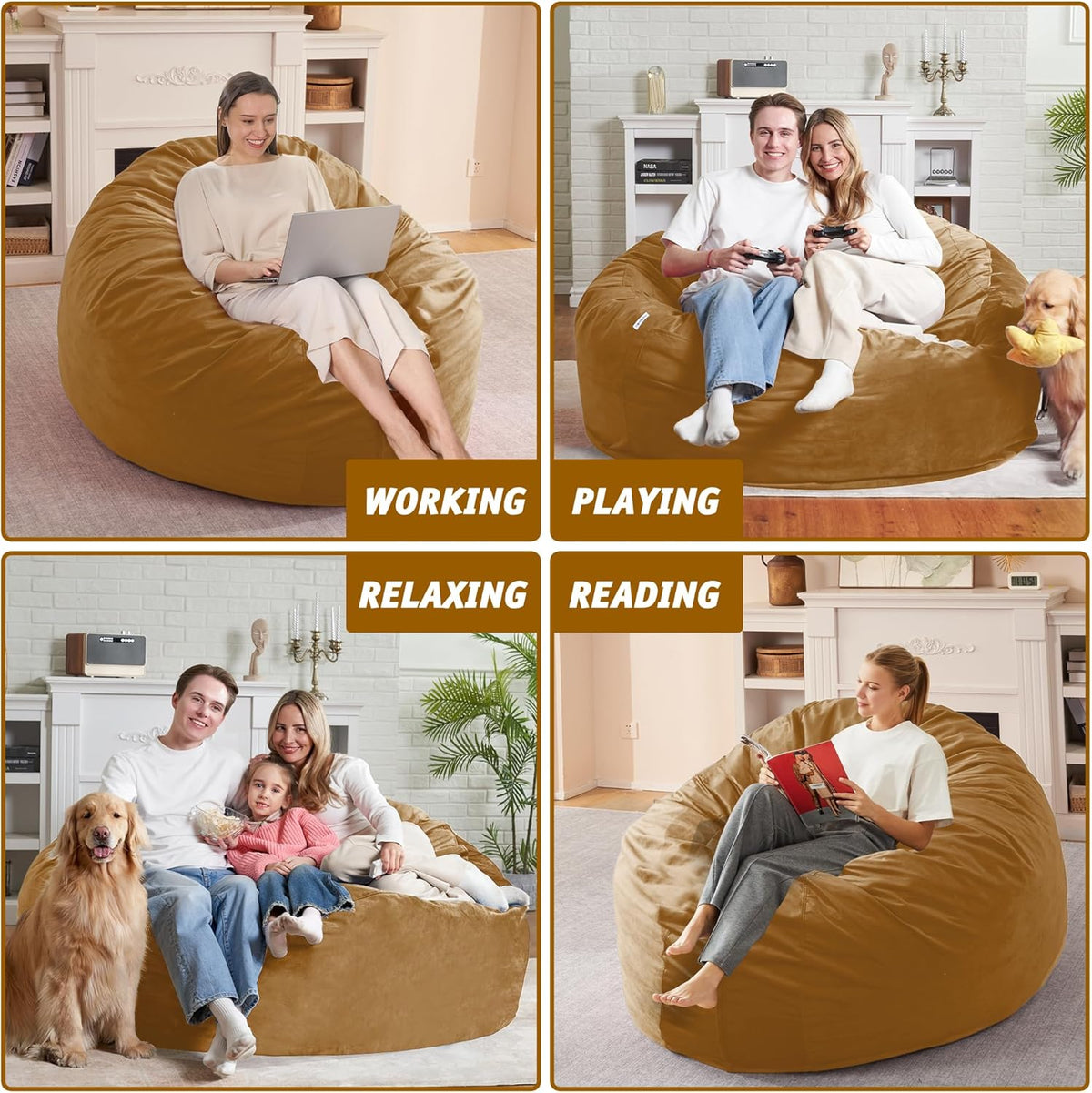 5FT Bean Bag Chair with Ultra Soft Velvet Cover Bean Bag Sofa with Memory Foam Bean Bag Chairs with Large Size Lazy Sofa for Dorm Office Living Room Bedroom Camel 5'